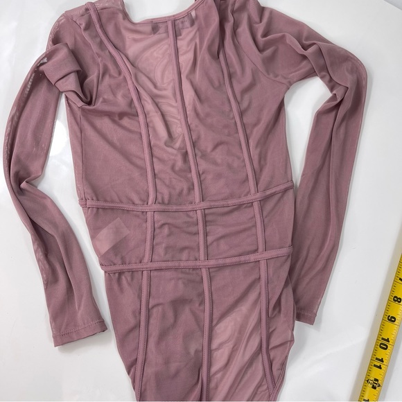 HONEYBUM bodysuit LONG SLEEVES sheer lightweight mesh like V neck mauve pink S - Picture 3 of 11